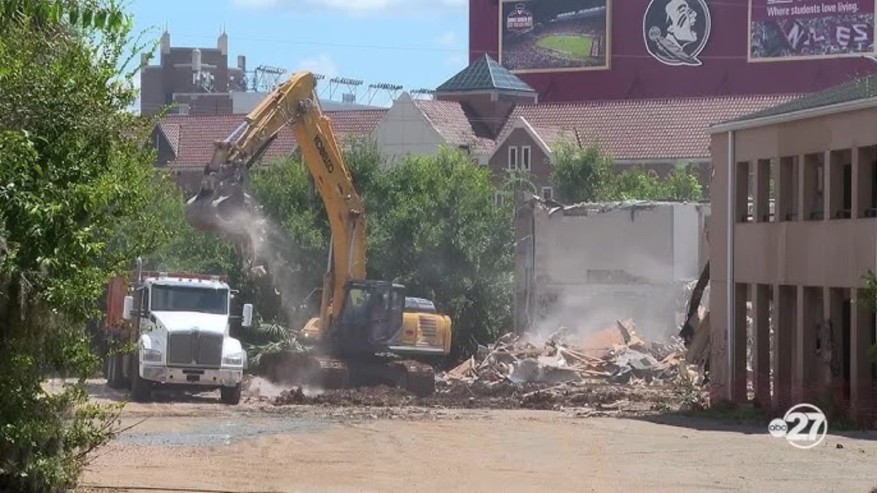 Construction crew tearing down the Burt Reynolds Complex at FSU.