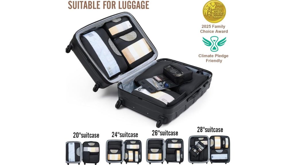 Four different sizes of Veken packing cubes placed side by side