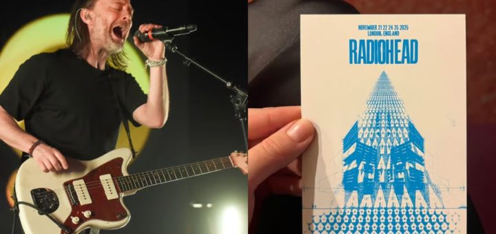 A mysterious "Radiohead" tour flyer spotted in a European city, hinting at their 2025 return.
