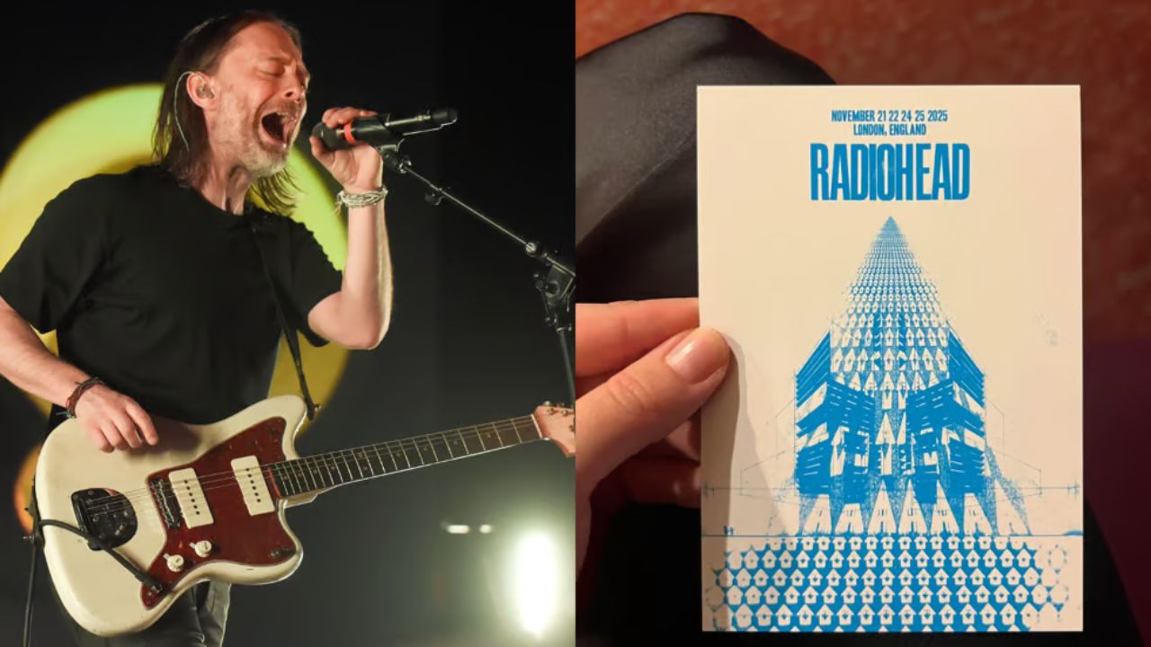 A mysterious "Radiohead" tour flyer spotted in a European city, hinting at their 2025 return.