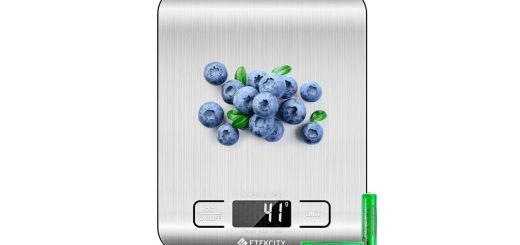 Etekcity Food Kitchen Scale in stainless steel holding bowl of berries to demonstrate precision weighing