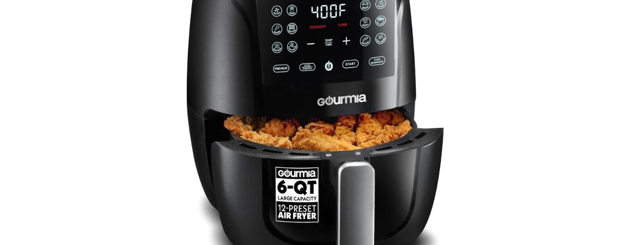 Gourmia Air Fryer digital model with basket on kitchen counter