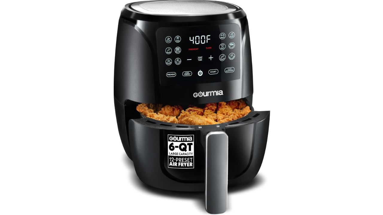 Gourmia Air Fryer digital model with basket on kitchen counter