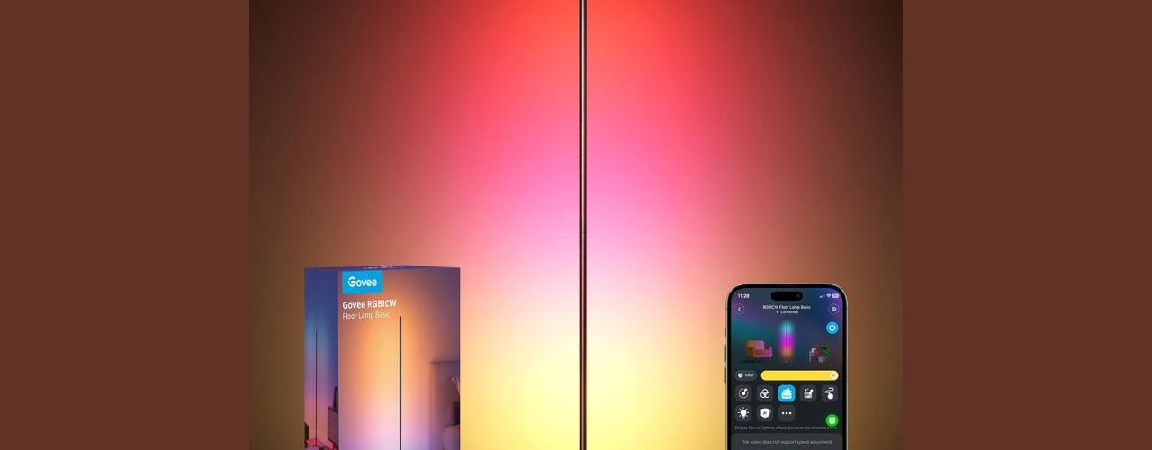 Govee LED Corner Lamp casting multicolor ambient glow in a modern living room corner