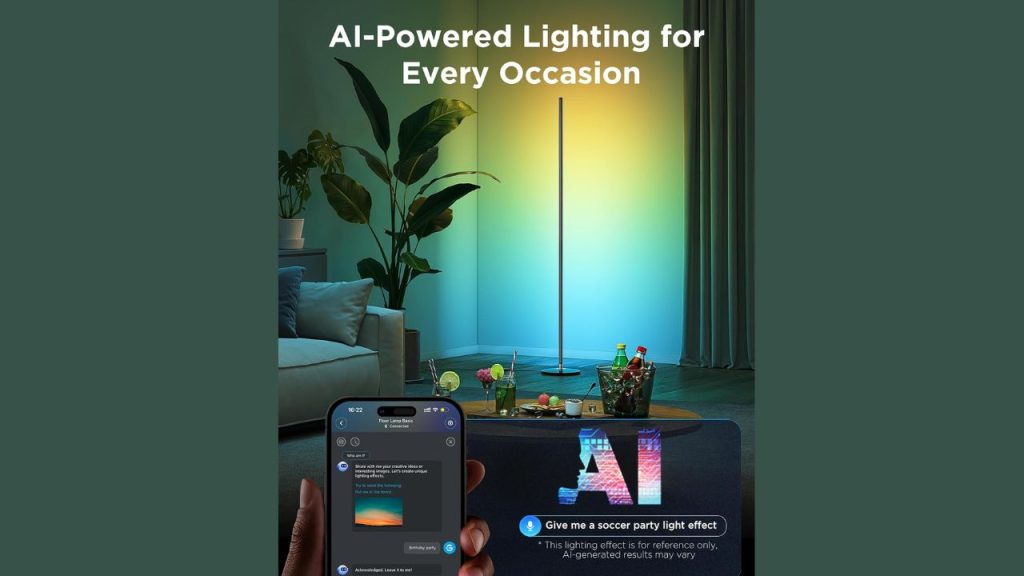 Govee LED Corner Lamp set to vibrant purple lighting with app control visible
