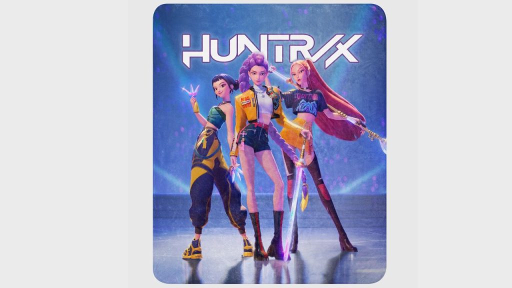Cozy sherpa blanket design showcasing the three HUNTR/X members in bright, animated style in k-pop demon hunters