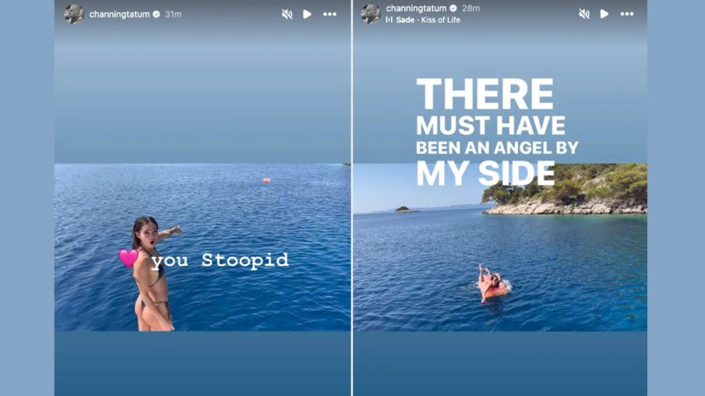 Inka Williams floats on a bright inflatable in the ocean as “Kiss of Life” plays in the background.