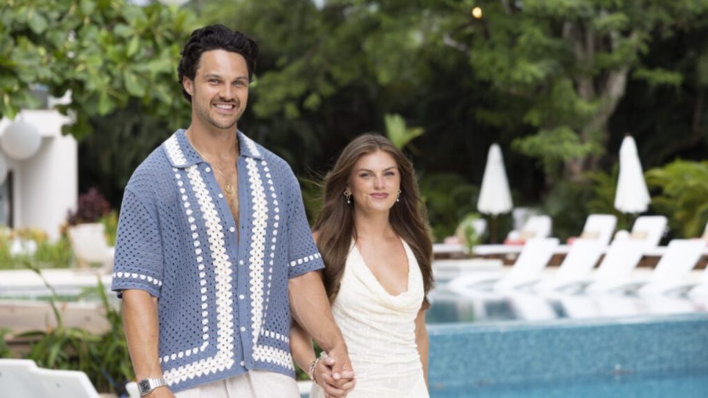 Jess Edwards and Spencer Conley smile together after their engagement win in Bachelor in Paradise 2025.