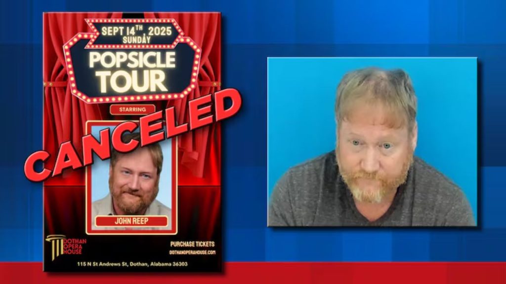 Cancellation notice for Jon Reep's comedy show at Dothan Opera House due to his arrest.