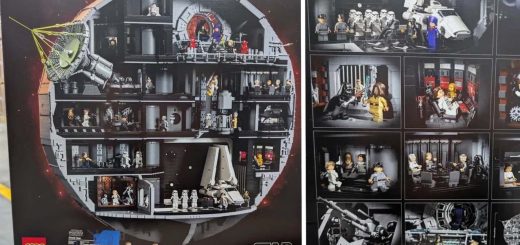 Close-up of detailed scenes from inside the 2025 LEGO Death Star set, featuring rooms and minifig displays