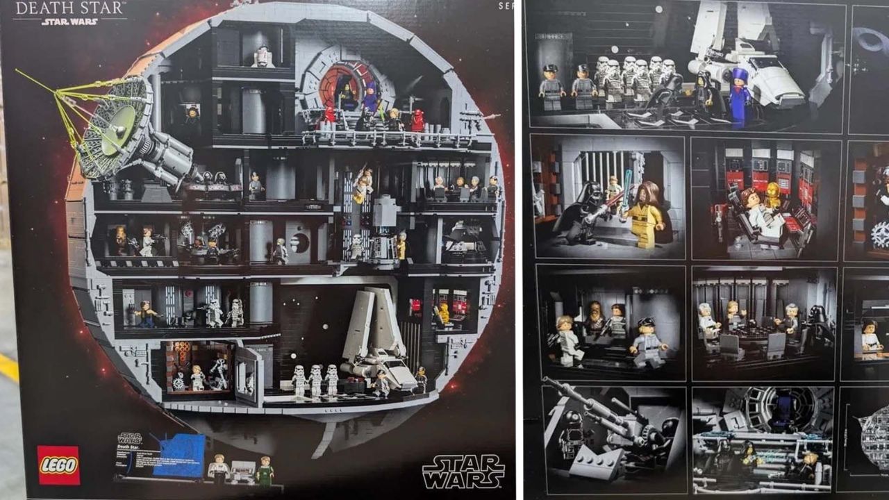Close-up of detailed scenes from inside the 2025 LEGO Death Star set, featuring rooms and minifig displays