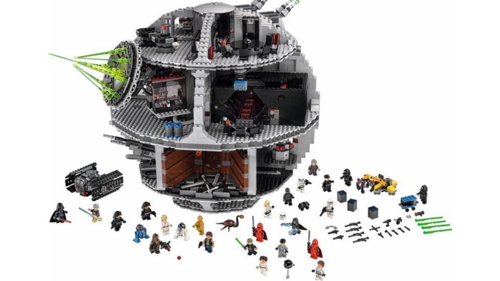 Interior view of the 2025 LEGO Death Star set with minifigures arranged inside various compartments