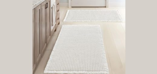MIULEE plush microfiber bathroom rug in light gray, displayed on a bathroom floor