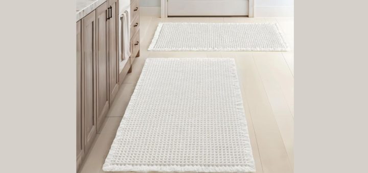 MIULEE plush microfiber bathroom rug in light gray, displayed on a bathroom floor