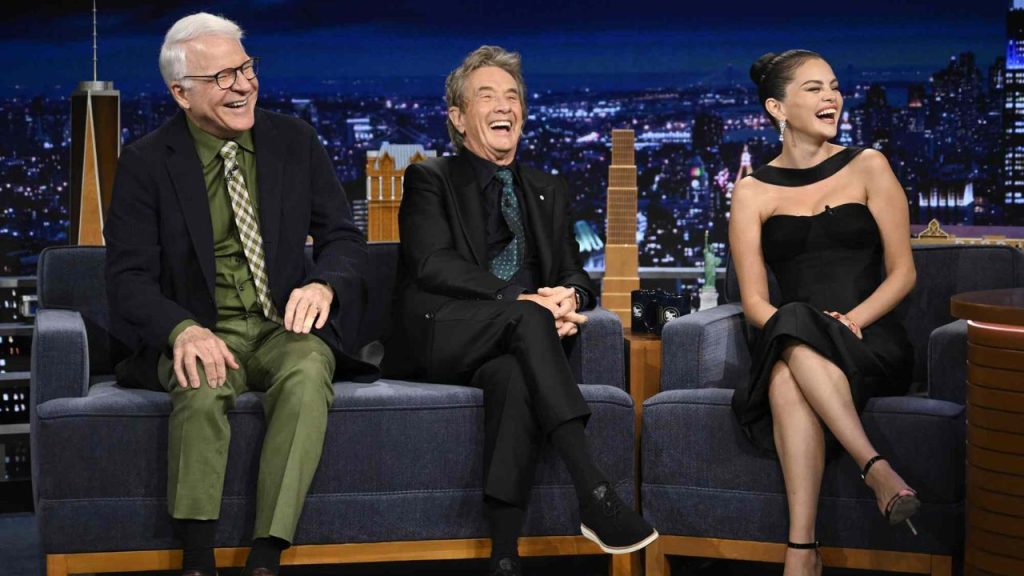 Martin Short, Steve Martin, and Selena Gomez together during her interview about wedding plans.