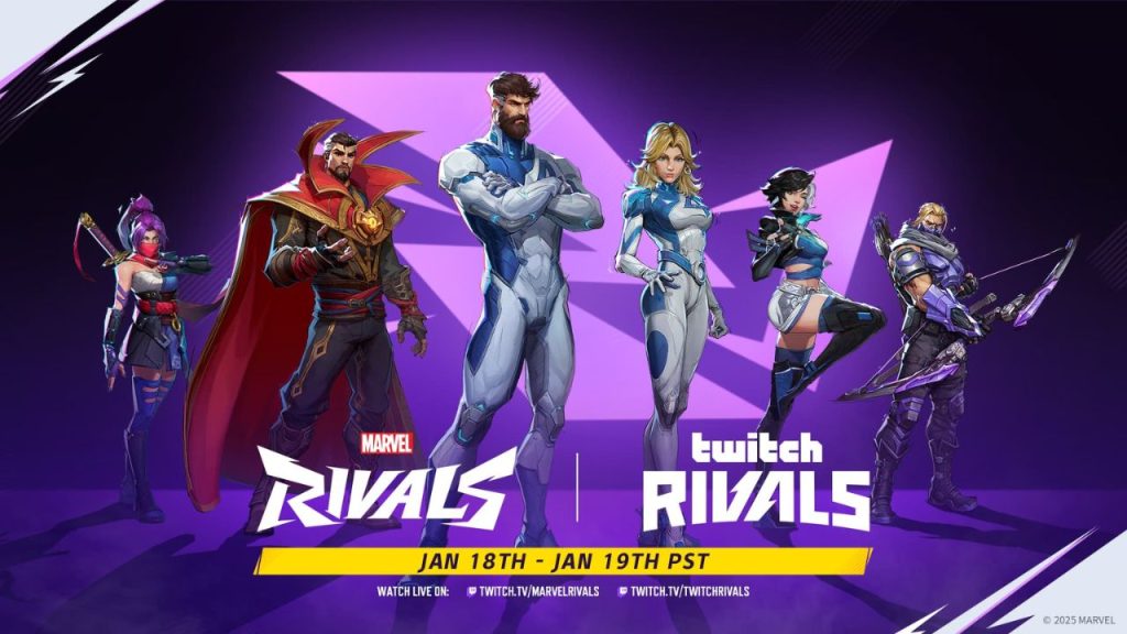 Promotional graphic for Twitch Rivals Marvel Rivals Showdown esports tournament featuring multiple characters