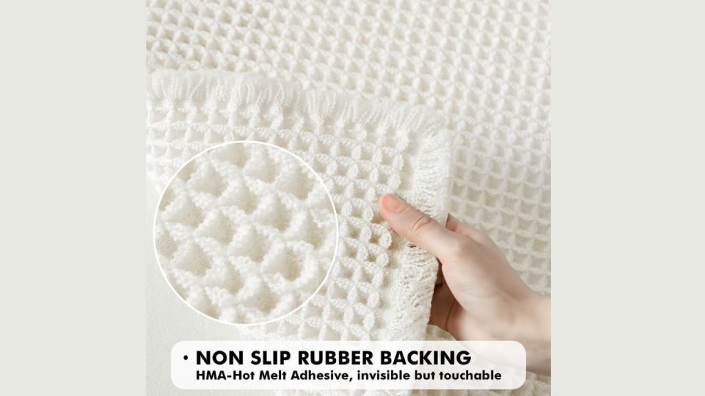 MIULEE washable rug placed beside a bathtub in a modern bathroom setting.