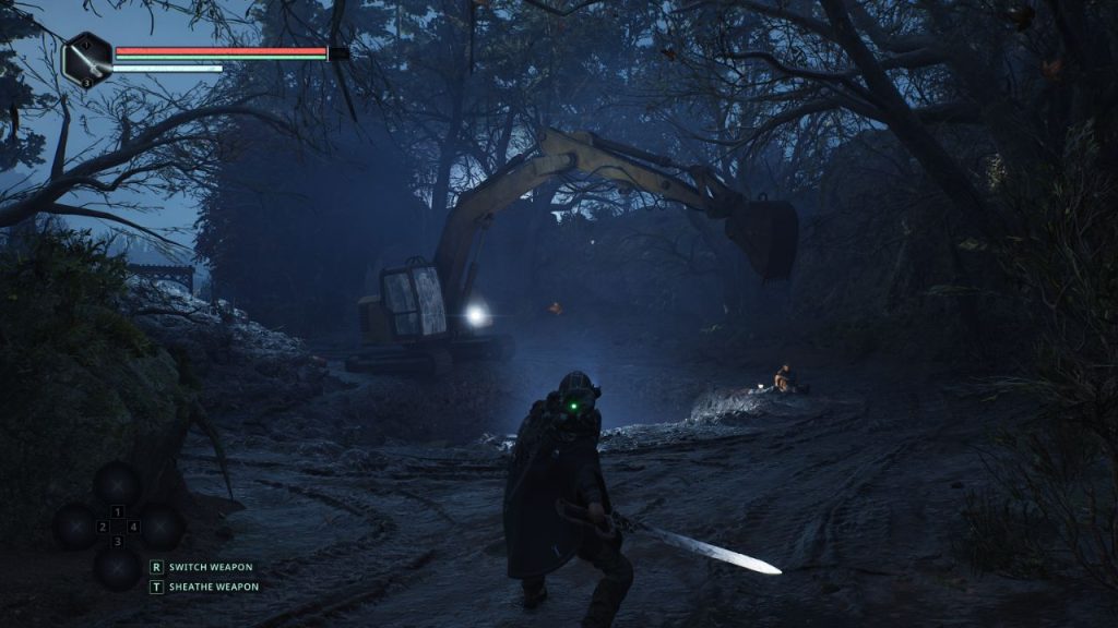 A lone figure traverses a bleak, ruined environment with a huge pile of bones or mass grave in the background, exemplifying the intense, war-riven tone of Hadea  in hell is us game.