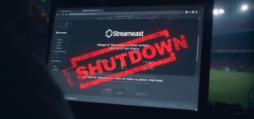 Bold red “SHUTDOWN” graphic overlay on a streaming interface, marking the end of illegal sports streaming.