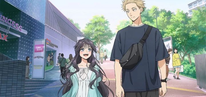 Rintaro and Kaoruko standing together in pastel tones, presenting the series’ soft, romantic mood.