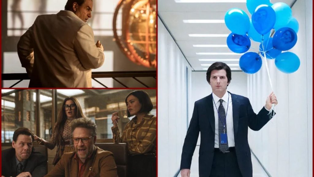 Collage featuring Severance, The Penguin, and The Studio – top nominees at the 2025 Emmy Awards.