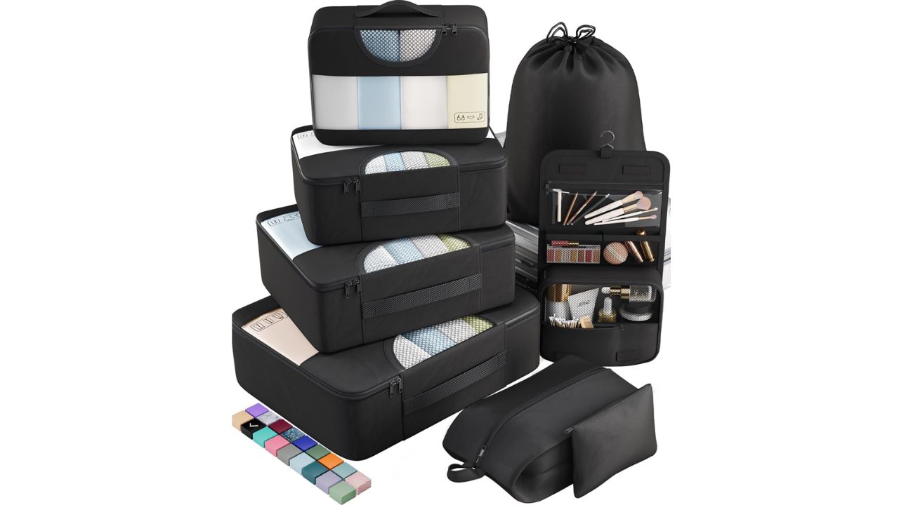 Veken 10-piece packing cubes set in multiple sizes with laundry and toiletry bags