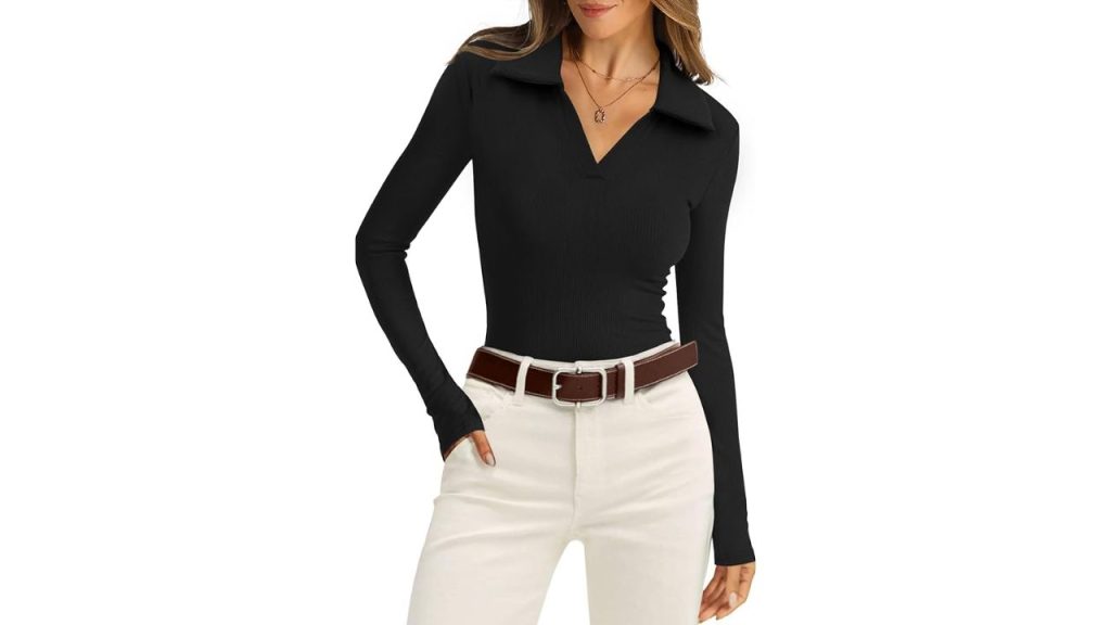 WIHOLL Womens Black Polo Shirt Long Sleeve V-Neck Business Casual Top
