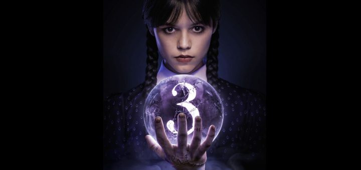 Glowing “3” held by Wednesday Addams, teasing Season 3 release