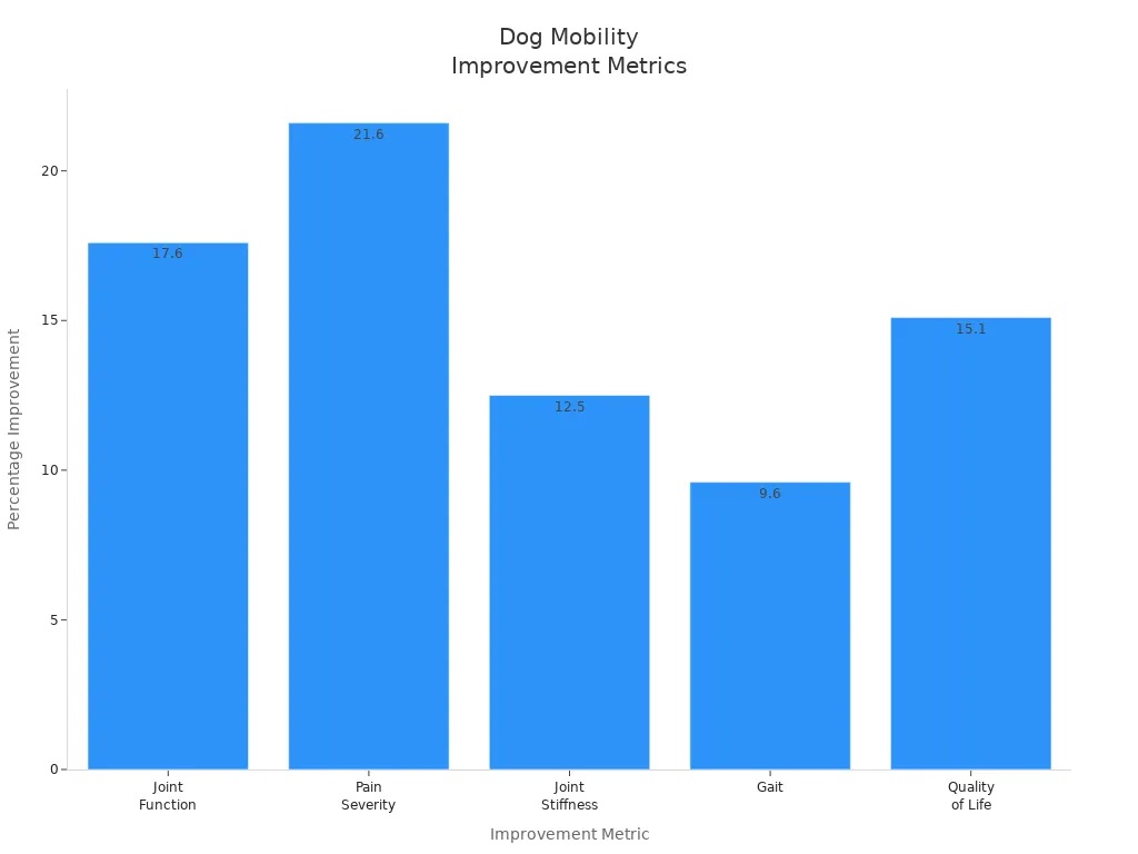 Bar chart showing percentage improvements in dog mobility metrics due to orthopedic dog beds